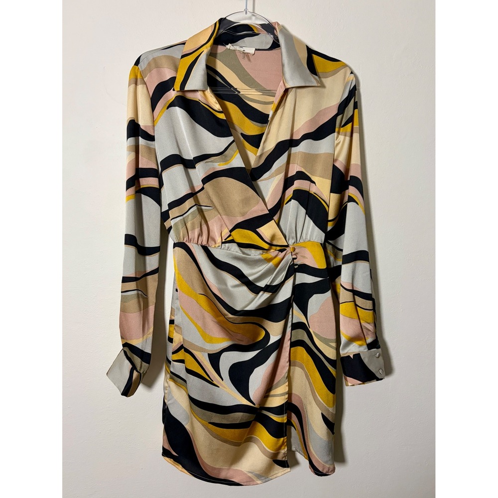 Entro Womens Retro Swirl Print Mini Dress Long Sleeve V-Neck Faux Wrap Small